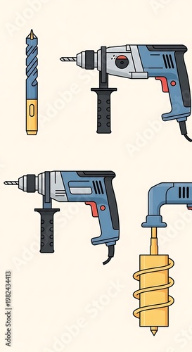 Assorted illustration of power drills and drill bits, in a flat, cartoon style, showcasing equipment for construction or DIY projects