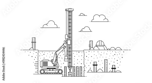 Construction Drilling Rig and Piling Machine for Deep Foundation Work Line Art Illustration