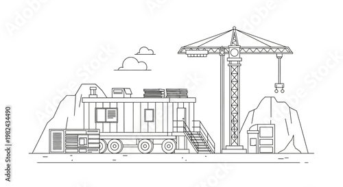 Minimalist Construction Site Line Art Illustration with Tower Crane and Site Office Trailer