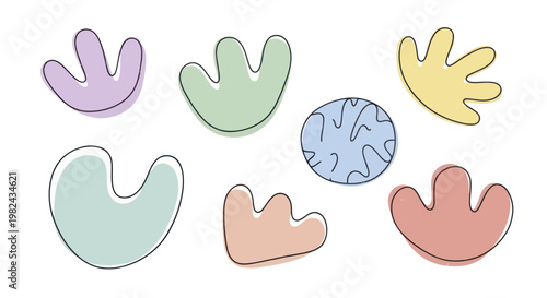 Abstract organic shapes in pastel colors with soft shadows.