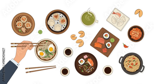 Asian Food Assortment Vector Illustration with Ramen, Dim Sum, Sushi, and Kimchi in Flat Line Art Style.