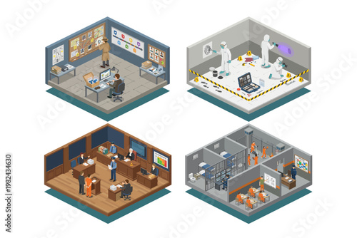 Isometric illustration of crime scene investigation and forensic analysis rooms