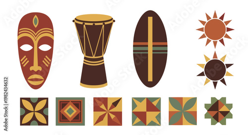 African tribal art symbols mask drum shield sun patterns.