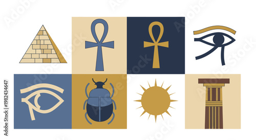 Ancient Egyptian Symbols Collection - Pyramid, Ankh, Eye of Horus, Scarab, Sun, and Column.