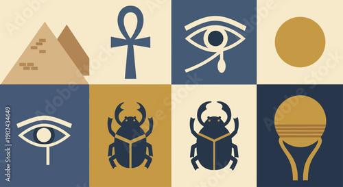 Ancient Egyptian Symbols Collection Pyramids Ankh Eye of Horus Scarab Beetle Sun.