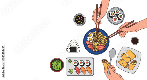 Flat Vector Illustration of Asian Food Table with Ramen, Sushi, Spring Rolls, and Hands Holding Chopsticks, Japanese and Chinese Cuisine Concept.