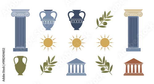 Ancient Greek and Roman Architecture Elements and Symbols Set.