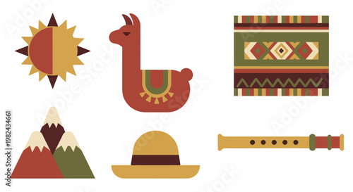 Andean cultural symbols including llama mountains sun and flute.
