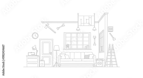 Minimalist Line Art of a Living Room Interior with Home Improvement Tools for DIY Renovation and Coloring Page Design