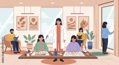 Art class with diverse students learning painting techniques from an instructor.