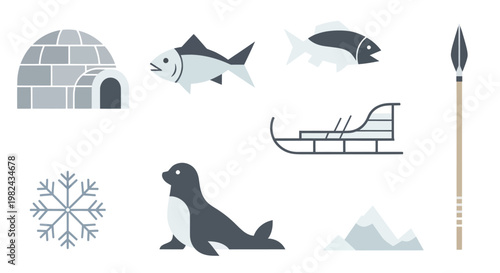 Arctic and Inuit culture elements including igloo, fish, seal, and winter tools.