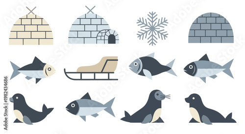 Arctic animals igloos snowflake and sled illustration.