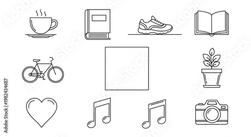 Assorted line art icons representing everyday objects & activities cup of coffee, book, sneaker, bike