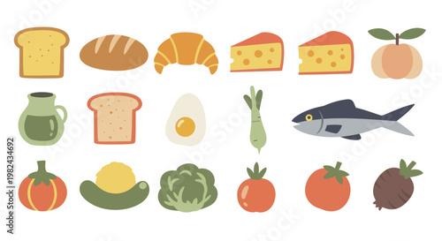Assortment of various healthy food items including bread, cheese, fruits, vegetables, and fish.