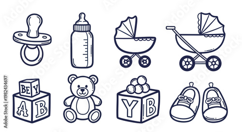Baby items doodle set with pacifier bottle stroller teddy bear and shoes.
