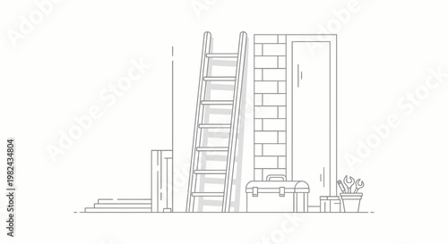 Minimalist Line Art Illustration of Home Renovation Scene Featuring a Ladder, Toolbox, and Building Materials for DIY Repair and Construction Projects