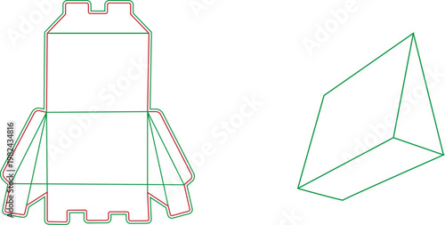 Triangular prism packaging box dieline template with 3D mockup presentation and folding lines