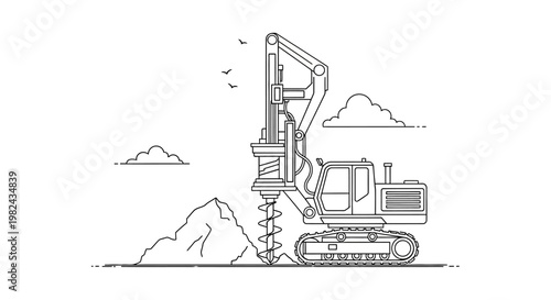 Industrial Drilling Rig Machine Line Art Vector Illustration. Heavy Equipment Auger Drill for Construction and Foundation Work.