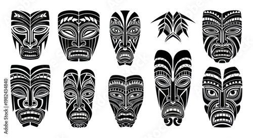 Collection of Diverse Tribal Tiki Masks with Intricate Designs.