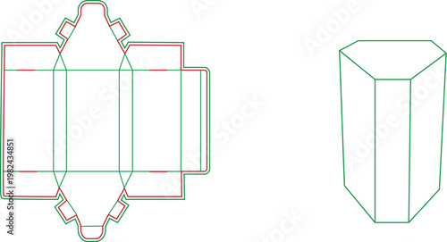 Triangular prism gift box die cut template with folding lines and 3D mockup for product packaging