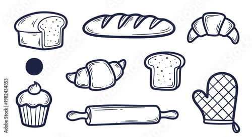 Collection of Hand Drawn Bakery Items and Baking Tools.