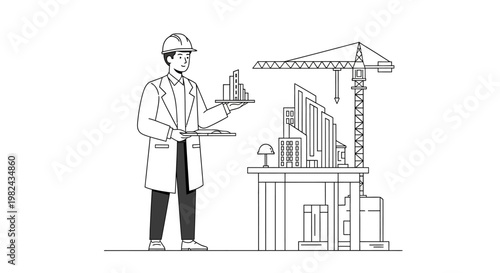 Professional Architect Engineer in Hard Hat Holding Building Scale Model with Construction Crane Line Art Illustration