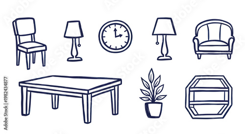 Bild auf Leinwand Collection of Hand Drawn Furniture and Home Decor Items.