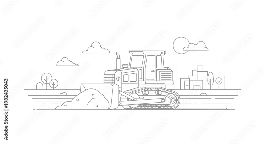 Fototapeta premium Bulldozer Construction Vehicle Line Art Illustration - Earthmoving Machinery Vector for Coloring Page and Industrial Design