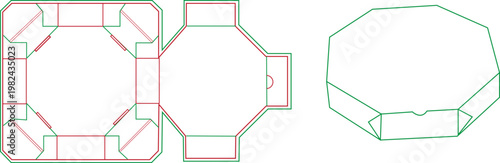 Octagonal pizza box packaging dieline template with 3D folding mockup