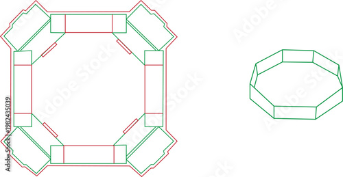 Geometric Octagonal Architectural Plan and 3D Isometric View of Modern Structure Design