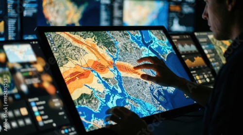 Medium shot of an interactive screen modeling mixed natural disasters with a distinct focus on earthquake and flood overlays blurred digital menus around.