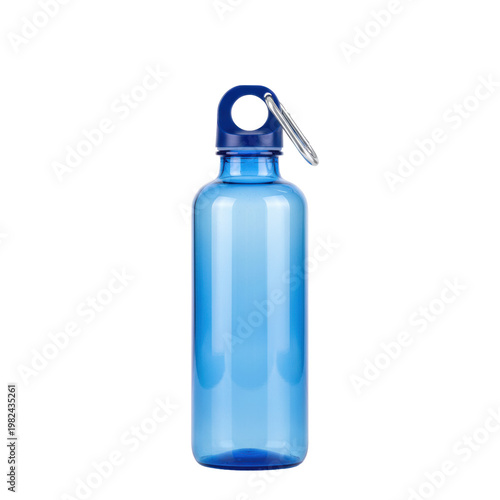 Transparent blue borosilicate glass water bottle with a deep blue matte lid and silver carabiner, isolated on a transparent background, concept of purity and hydration