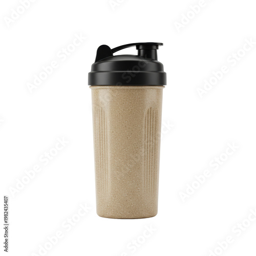 A modern light-tan speckled protein shaker bottle with vertical ridges and a matte black lid, on a transparent studio background, sharp focus, clean fitness lifestyle concept