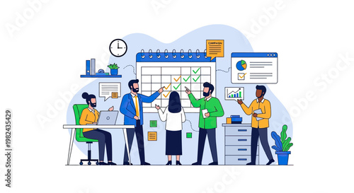 A diverse team of professionals collaborating around a large calendar, planning and marking tasks with checkmarks, symbolizing project management and teamwork.