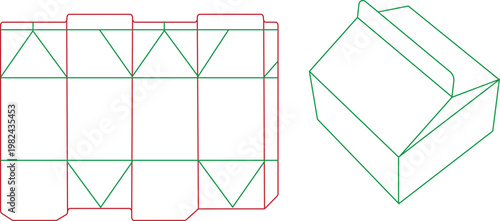 Milk carton packaging dieline template with 3D isometric mockup and technical folding lines for dairy product design