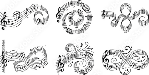 Set of abstract musical note staves and artistic melody swirls with treble and bass clef symbols, on transparent background