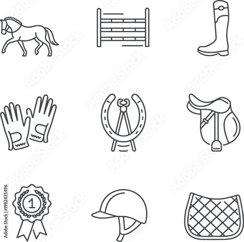 Vector line art set of equestrian equipment diagrams including saddle parts, riding helmet, and horse grooming tools, isolated on transparent background