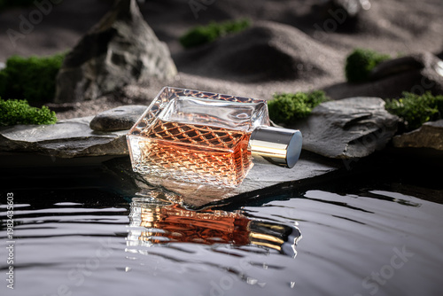 Intense golden perfume in a lunar landscape with water.
