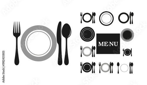 Fork, knife, spoon and plate set icons. Tableware set flat style. Dinnerservice collection. Plate, fork and knife. Dinner service.