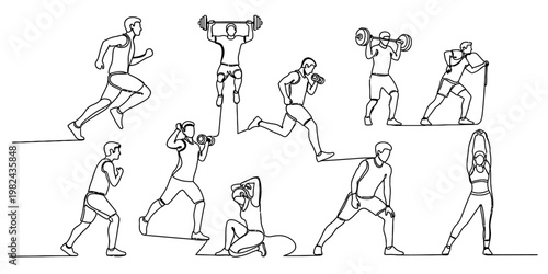 A collection of various people engaged in different fitness exercises drawn in continuous line art