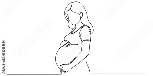 A minimalist single line drawing illustration of a pregnant woman standing in a side profile view