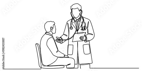 A single continuous line drawing of a doctor performing a medical examination on a seated patient