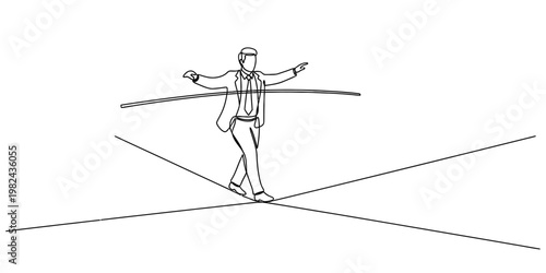 A businessman in a suit walking carefully on a tightrope representing professional risk taking