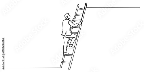 A continuous line drawing of a businessman climbing a ladder to reach a higher level of success