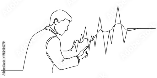 Continuous line drawing of a professional business man analyzing fluctuating financial market data