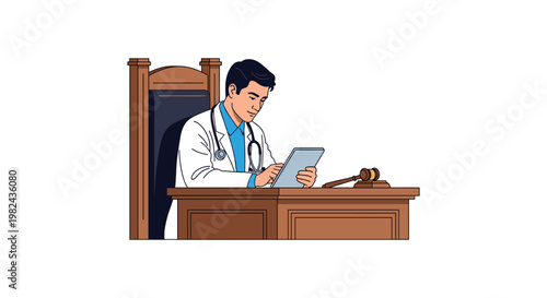 Doctor reviewing tablet at judge's bench with gavel and books representing medical expert witness during legal trial and courtroom testimony for legal proceedings.
