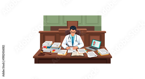 Doctor in glasses and stethoscope working at desk filled with papers and laptop in courtroom before judge's bench representing legal medical consultation for litigation.