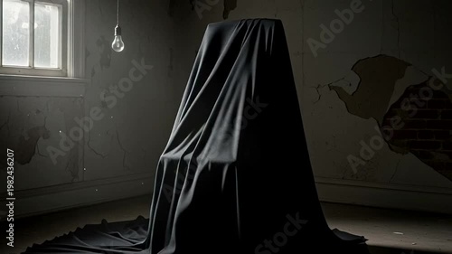 Mysterious Dark Cloth Covered Object Indoor Scene.
