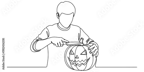 A continuous line drawing of a person carving a spooky jack-o-lantern for the halloween holiday