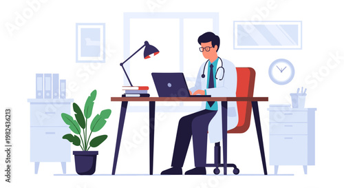 Doctor working at office desk on laptop, reviewing patient files and medical records, consulting online, managing administrative tasks in a professional healthcare environment.